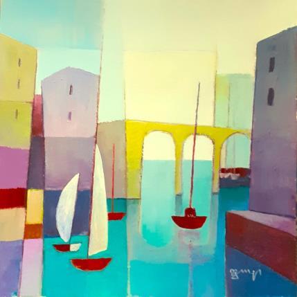 Peinture ar54  voiliers et pont jaune par Burgi Roger | Tableau Figuratif Acrylique Marine, Paysages, Urbain