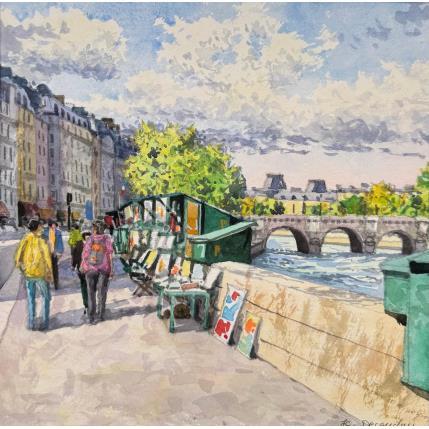 Peinture Quais de Seine et Bouquinistes par Decoudun Jean charles | Tableau Figuratif Aquarelle Urbain