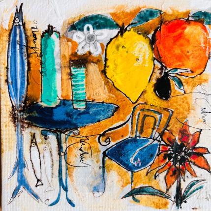 Painting Sardines et oranges by Colombo Cécile | Painting Naive art Acrylic, Gluing, Ink, Pastel, Watercolor Still-life