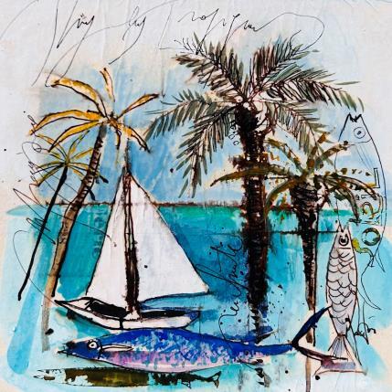 Painting Mon ile by Colombo Cécile | Painting Naive art Acrylic, Gluing, Ink, Pastel, Watercolor Marine, Nature