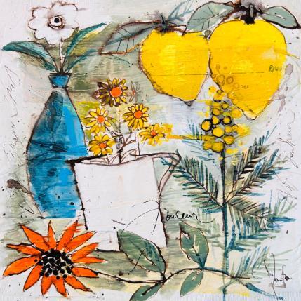 Peinture Entre le citron et le mimosa par Colombo Cécile | Tableau Art naïf Acrylique, Aquarelle, Collage, Encre, Pastel Nature, Natures mortes, Scènes de vie