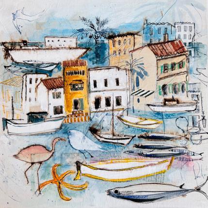 Pintura Le flamand rose et l' étoile de mer por Colombo Cécile | Pintura Naive art Acrylic, Gluing, Ink, Pastel, Watercolor Life style, Marine, Nature