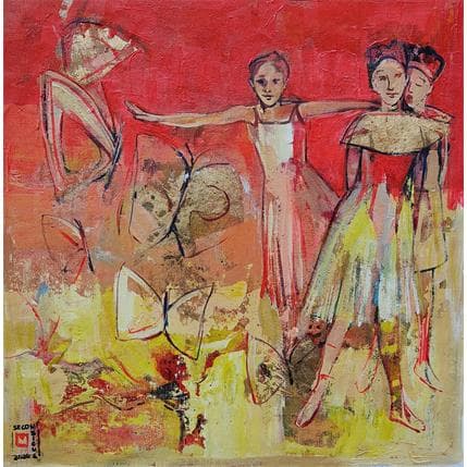 Peinture Les filles et les papillons par Machi | Tableau Figuratif Acrylique, Huile Scènes de vie