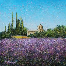 Peinture Champs de Lavande et Abbaye par Dessapt Elika | Tableau Impressionnisme Acrylique, Sable