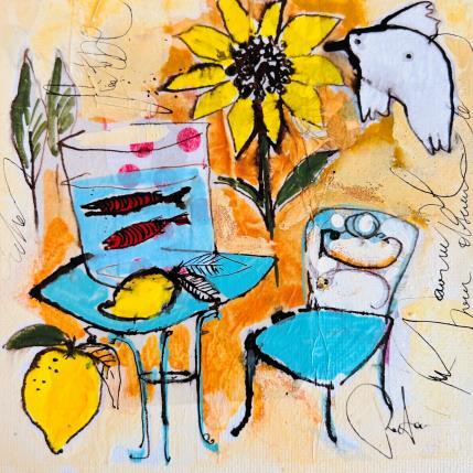 Peinture Le bocal aux poissons rouges par Colombo Cécile | Tableau Art naïf Acrylique, Aquarelle, Collage, Encre, Pastel Paysages, Scènes de vie