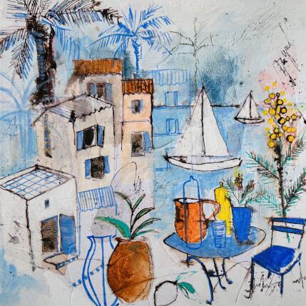 Peinture Terrasse aux mimosas par Colombo Cécile | Tableau Art naïf Acrylique, Aquarelle, Collage, Encre, Pastel Marine, Nature, Paysages