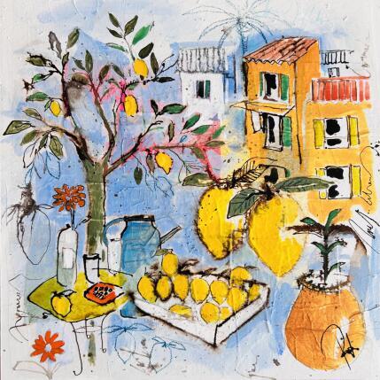 Peinture Citrons et azur par Colombo Cécile | Tableau Art naïf Acrylique, Aquarelle, Collage, Encre, Pastel Nature, Paysages, Scènes de vie
