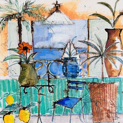 Peinture Terrasse de souvenirs par Colombo Cécile | Tableau Art naïf Acrylique, Aquarelle, Collage, Encre, Pastel Nature, Paysages, Scènes de vie