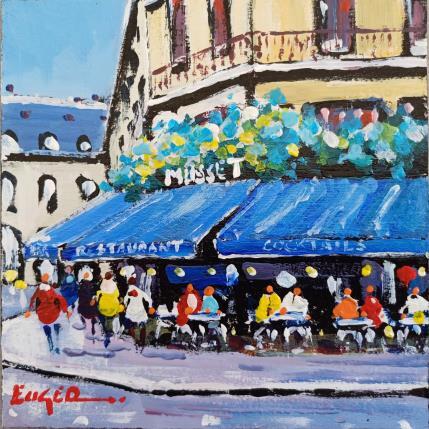 Peinture TERRASSE RUE SAINT HONORE A PARIS par Euger | Tableau Figuratif Acrylique, Carton Scènes de vie, Société, Urbain