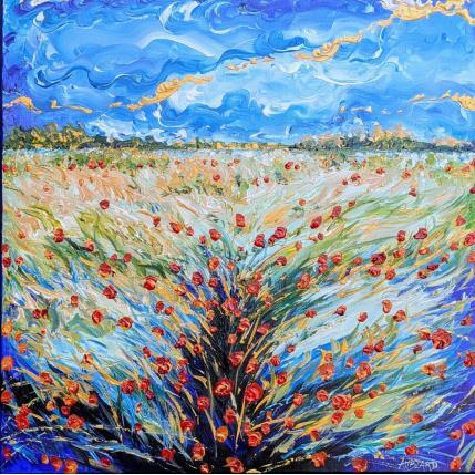Peinture Champ de blé doré et coquelicots par Amblard Florence | Tableau Impressionnisme Acrylique Nature