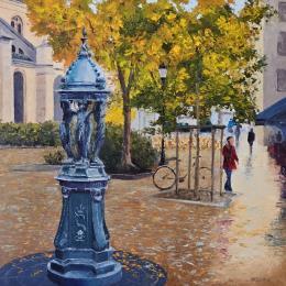 Gemälde Une fontaine Wallace à Rueil von Martin Laurent | Gemälde Figurativ Öl Urban