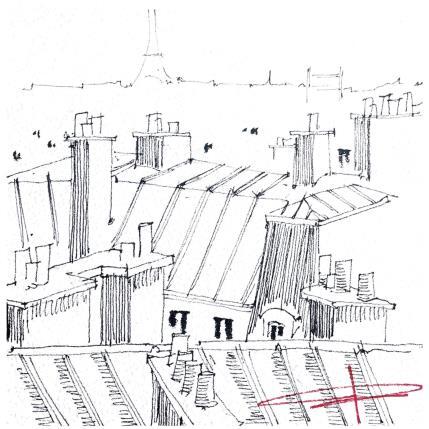 Peinture La bohème des toits parisiens  par Bailly Kévin  | Tableau Figuratif Aquarelle, Encre Architecture, Urbain