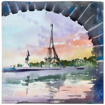 Peinture Sous les ponts de Paris, la Tour Eiffel par Bailly Kévin  | Tableau Figuratif Aquarelle, Encre Architecture, Urbain