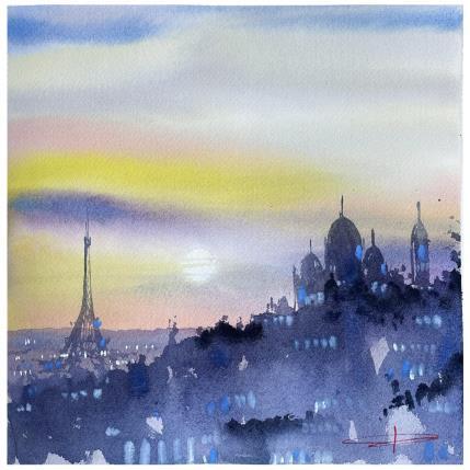 Peinture Sous le ciel de Paris, Montmartre au  loin par Bailly Kévin  | Tableau Figuratif Aquarelle, Encre Architecture, Urbain
