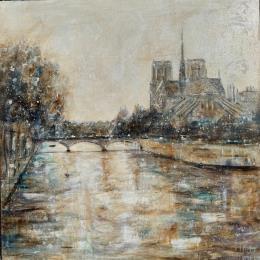 Peinture Promenade en bort de Seine par Solveiga | Tableau Figuratif Acrylique Architecture, Scènes de vie, Urbain