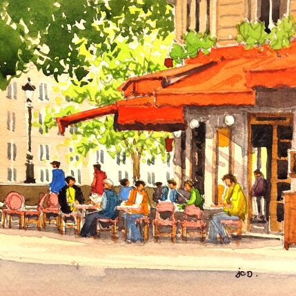 Peinture Café sur l'île St Louis par Decoudun Jean charles | Tableau Figuratif Aquarelle Scènes de vie, Urbain