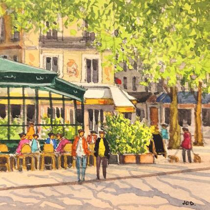 Peinture Les cafés près de l'île St Louis par Decoudun Jean charles | Tableau Figuratif Aquarelle Urbain