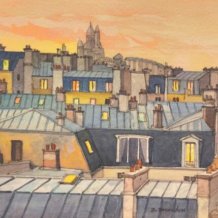 Peinture Les toîts le soir par Decoudun Jean charles | Tableau Figuratif Aquarelle Urbain