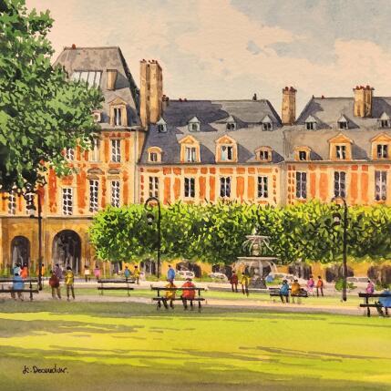 Peinture La place des Vosges par Decoudun Jean charles | Tableau Figuratif Aquarelle Urbain