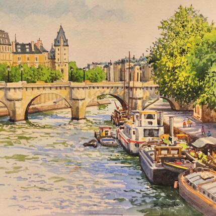 Peinture Soleil au pont Neuf par Decoudun Jean charles | Tableau Figuratif Aquarelle Urbain