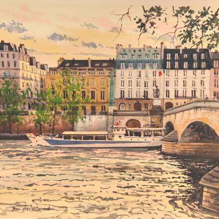 Peinture Le pont Royal, le soir par Decoudun Jean charles | Tableau Figuratif Aquarelle Urbain