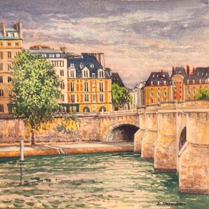 Peinture Temps couvert sur le pont Neuf par Decoudun Jean charles | Tableau Figuratif Aquarelle Urbain