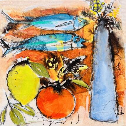 Peinture Les 2 sardines par Colombo Cécile | Tableau Art naïf Acrylique, Aquarelle, Collage, Encre, Pastel Natures mortes