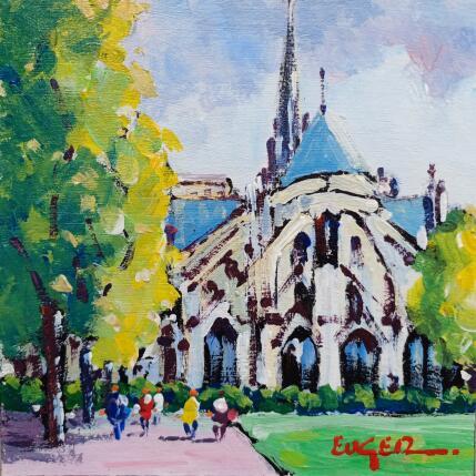 Peinture LES JARDINS DE NOTRE DAME DE PARIS par Euger | Tableau Figuratif Acrylique Scènes de vie, Urbain