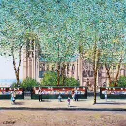 Peinture L'été , les bouquinistes et notre-dame par Dessapt Elika | Tableau Impressionnisme Acrylique, Sable