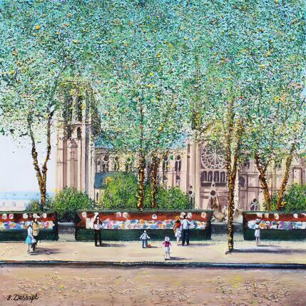 Peinture L'été , les bouquinistes et notre-dame par Dessapt Elika | Tableau Impressionnisme Acrylique, Sable