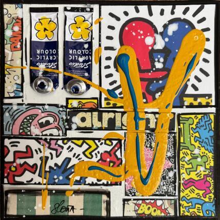 Gemälde Love by Keith Haring von Costa Sophie | Gemälde Pop-Art Acryl, Collage, Upcycling Pop-Ikonen