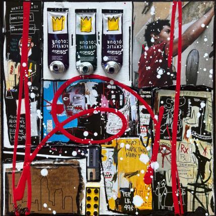 Gemälde Tribute to Basquiat von Costa Sophie | Gemälde Pop-Art Acryl, Collage, Upcycling Pop-Ikonen