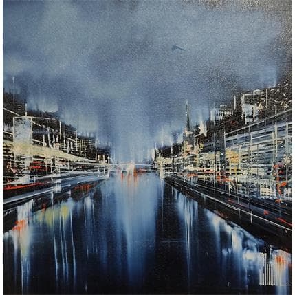Peinture Lyon les quais version nuit par Guillet Jerome | Tableau Figuratif Acrylique Urbain