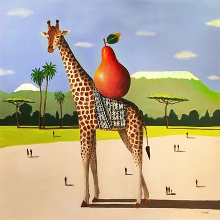 Peinture Girafe et poire rouge par Lionnet Pascal | Tableau Surréaliste Huile animaux