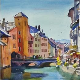 Pintura Annecy - N37 por Khodakivskyi Vasily | Pintura Figurative Watercolor Urban