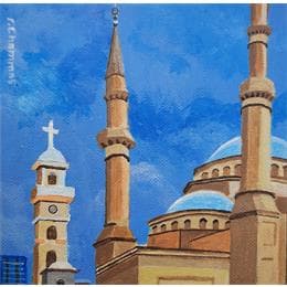 Peinture Mohamad Amine Mosque Beirut 2020 par Chammas Fady | Tableau Figuratif Aquarelle Urbain