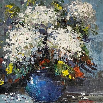 Peinture hortências brancas par Chico Souza | Tableau Figuratif Huile Natures mortes