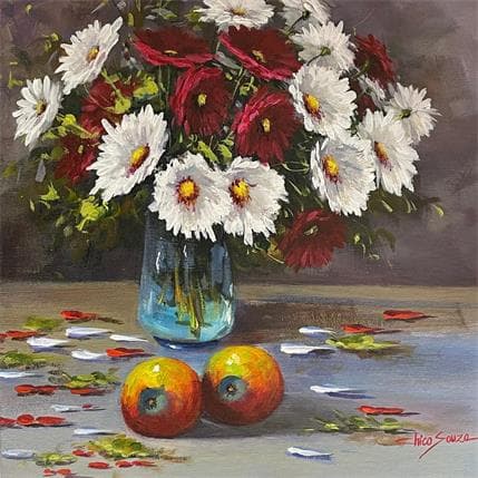 Peinture petalas sobre a mesa par Chico Souza | Tableau Figuratif Huile Natures mortes