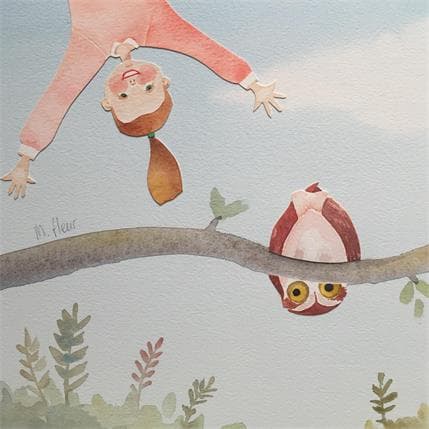 Peinture La tête en bas chouette par Marjoline Fleur | Tableau Art naïf Aquarelle Scènes de vie