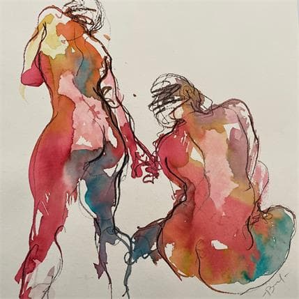 Peinture charlotte assise et debout de dos par Brunel Sébastien | Tableau Figuratif Aquarelle Nu