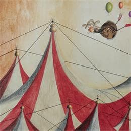 Peinture L'amica della Yuppi in volo sul tendone par Nai | Tableau Art naïf Acrylique scènes de vie