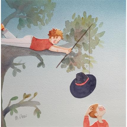 Peinture La pêche au chapeau par Marjoline Fleur | Tableau Art naïf Aquarelle Paysages