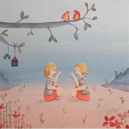 Peinture Les piplettes Lisette et Colette par Marjoline Fleur | Tableau Art naïf Aquarelle Paysages