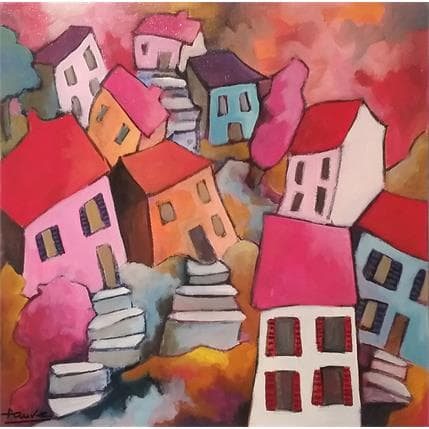 Peinture Paysage aux maisons roses par Fauve | Tableau Figuratif Acrylique Scènes de vie