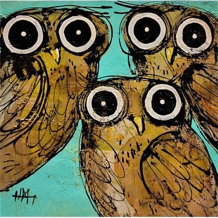 Painting Trio de chouettes sur fond bleu by Maury Hervé | Painting Figurative Animals