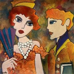 Gemälde Femme à l'éventail von Fauve | Gemälde Figurativ Acryl Alltagsszenen, Porträt