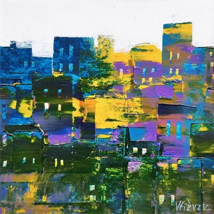 Painting Soleil sur les maisons du village by Fièvre Véronique | Painting Figurative Acrylic Urban