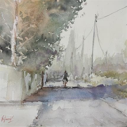 Peinture Le cycliste (Cassis) par Gutierrez | Tableau Figuratif Aquarelle scènes de vie