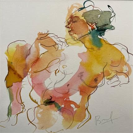 Peinture Charlotte assise rose et jaune par Brunel Sébastien | Tableau Figuratif Aquarelle Nu