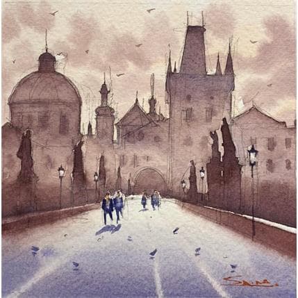 Peinture Winter Morning, Prague par Dandapat Swarup | Tableau Figuratif Aquarelle Scènes de vie, Urbain